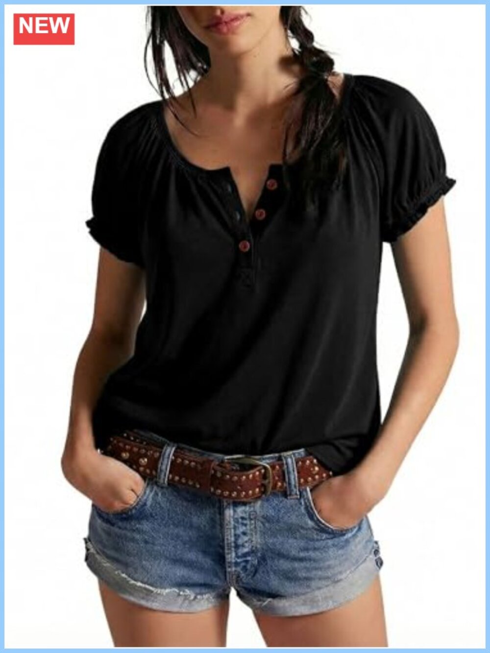 Womens Short Sleeve Henley Top Loose Ruffled Puff Sleeve Summer Blouse